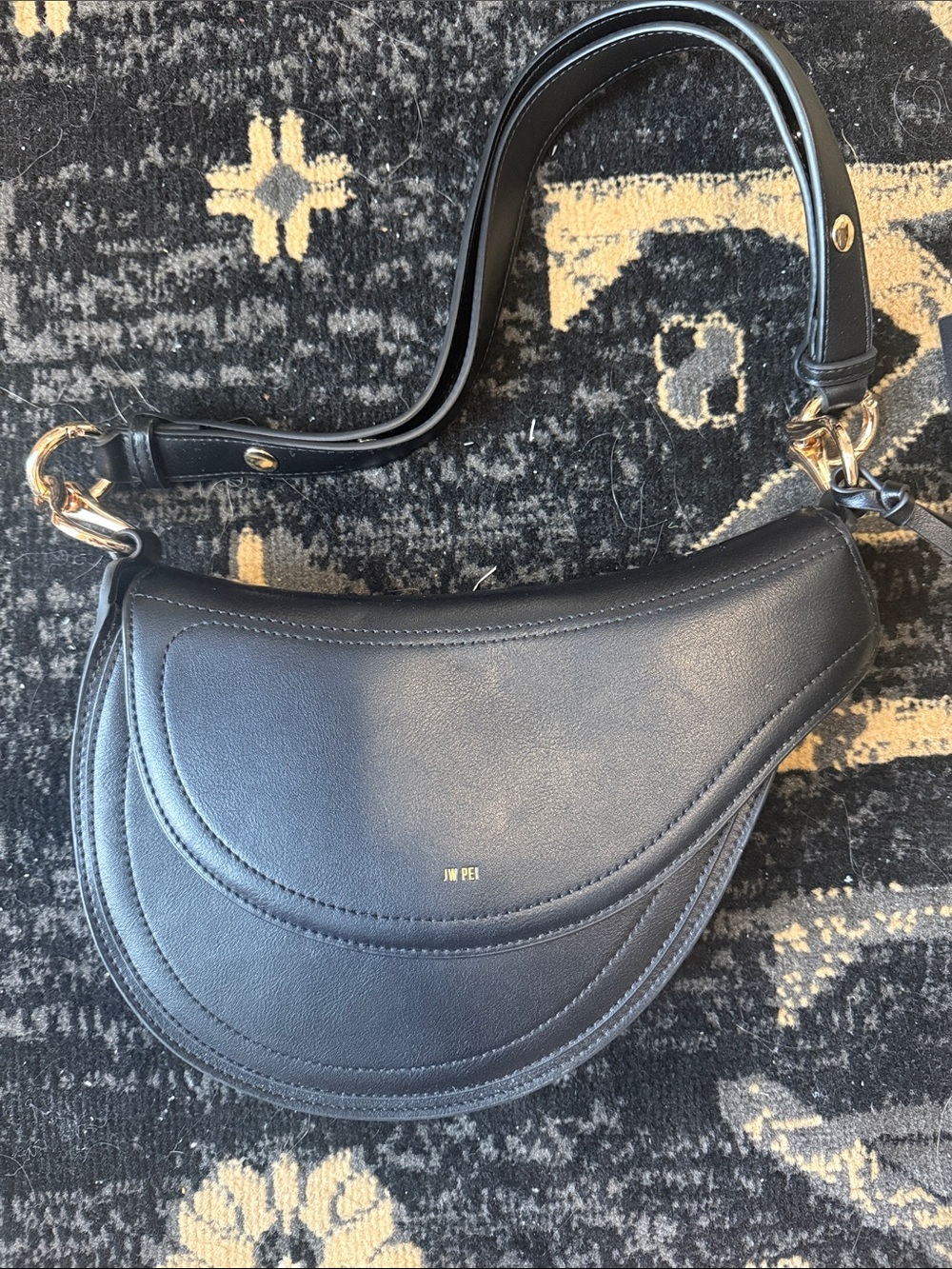 JW PEI Black Curved Saddle Shoulder Bag with Gold Hardware
